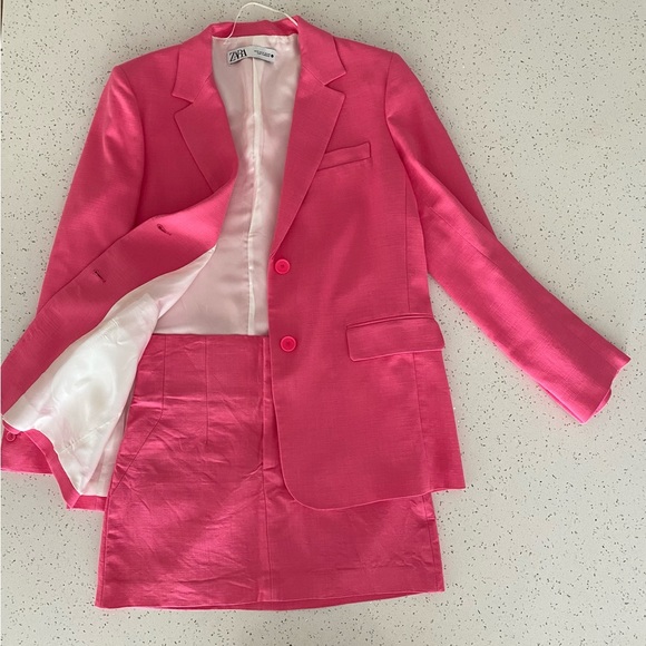 Zara Jackets & Coats Zara Hot Pink Straight Cut Blazer Suit Jacket With Matching Skirt